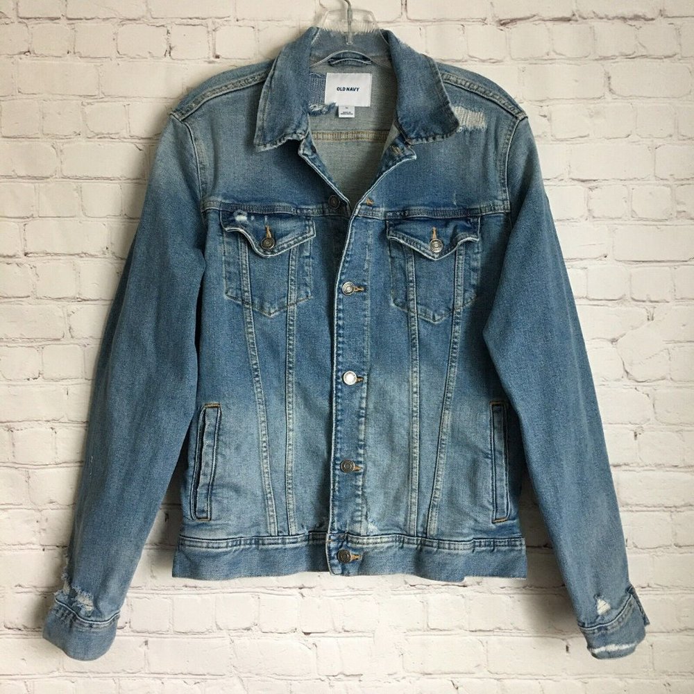 Old Navy Distressed Jean Jacket M Patched Frayed Destroyed Denim Trucker